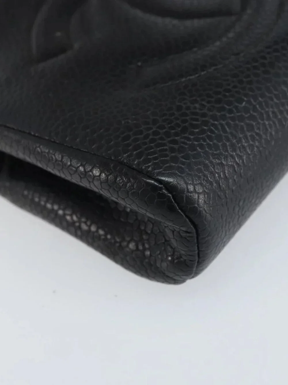 CHANEL COCO Mark Pouch Grained Calf Skin Black Gold CC Auth AMZ108